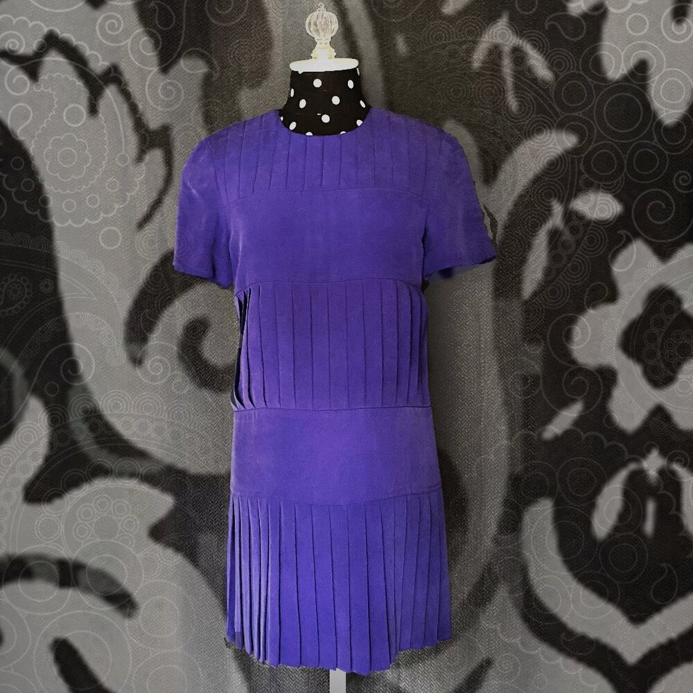 🥰👚🥿👒👗PETITE Silk DRESS pleated Vintage art-deco retro Business Work Theater